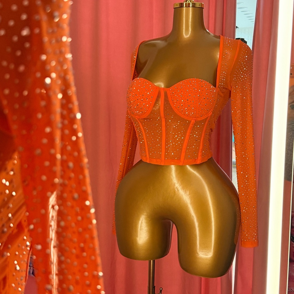 Orange Rhinestone Embellished Women's Top
